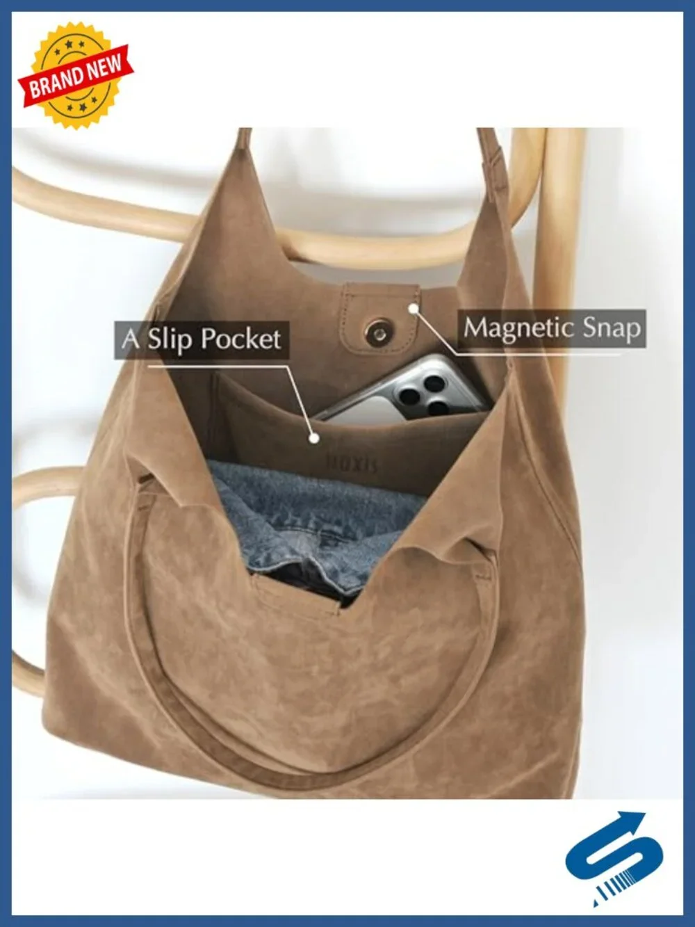 Faux Suede Tote Bag - Magnetic Closure Hobo Handbag, Vegan Leather Purse